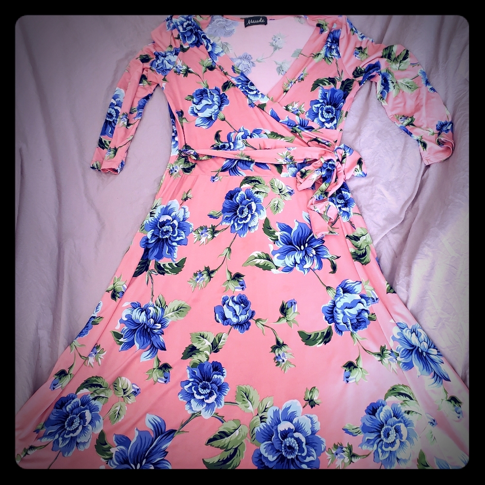 Pink and flowers spring faux wrap dress